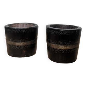 Set of 2 vintage solid ebony egg cups with brass inclusion