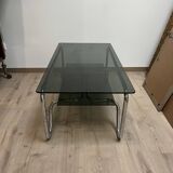 Coffee table in chrome metal and smoked glass design from the 70s