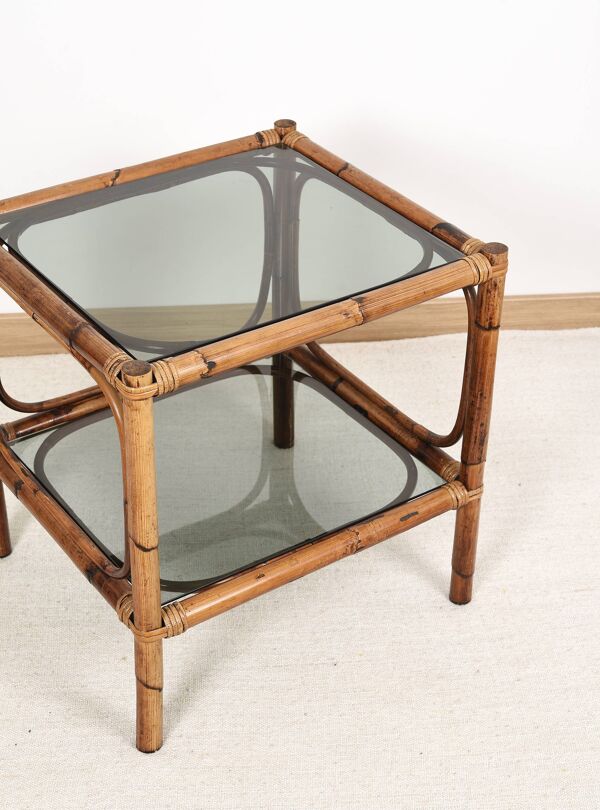 Table de chevet ou table basse en bambou et verre fumé, double plateau, années 70