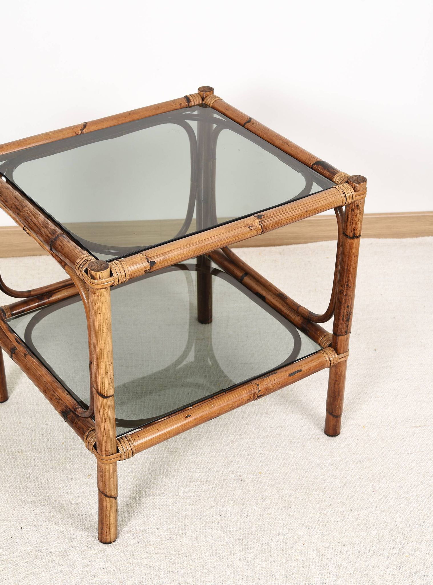 Bedside table or coffee table in bamboo and smoked glass, double top, 70s
