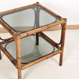 Bedside table or coffee table in bamboo and smoked glass, double top, 70s