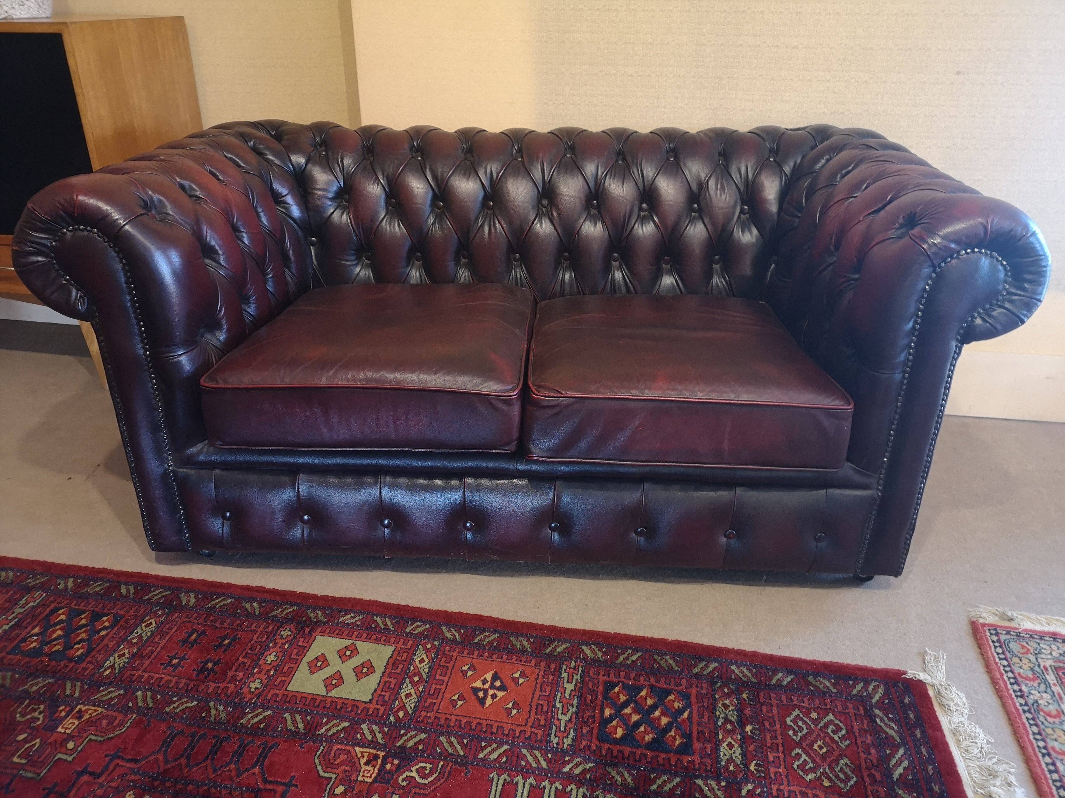 Burgundy leather chesterfield sofa two seater