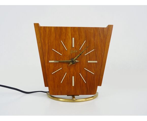 Horloge de table, pendule art déco en Wuba Amsterdam en bois et laiton.  Année 50 | Selency