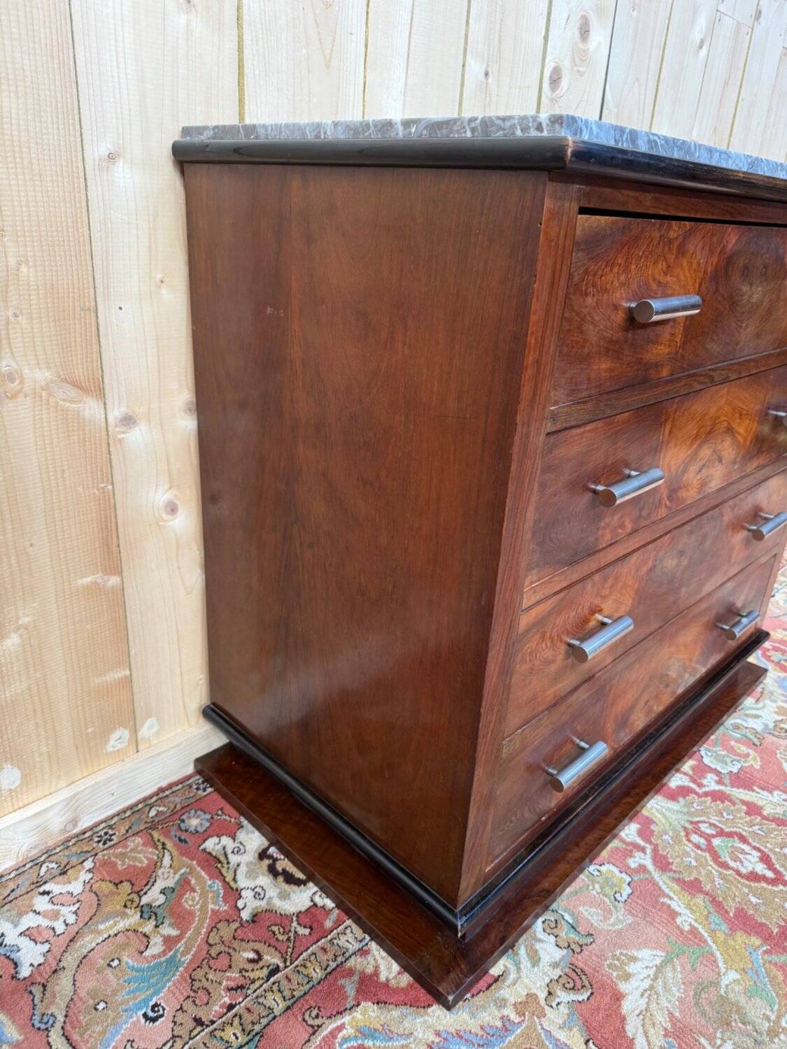 Commode Art Déco – Placage de noyer en ronce & marbre – Années 1930