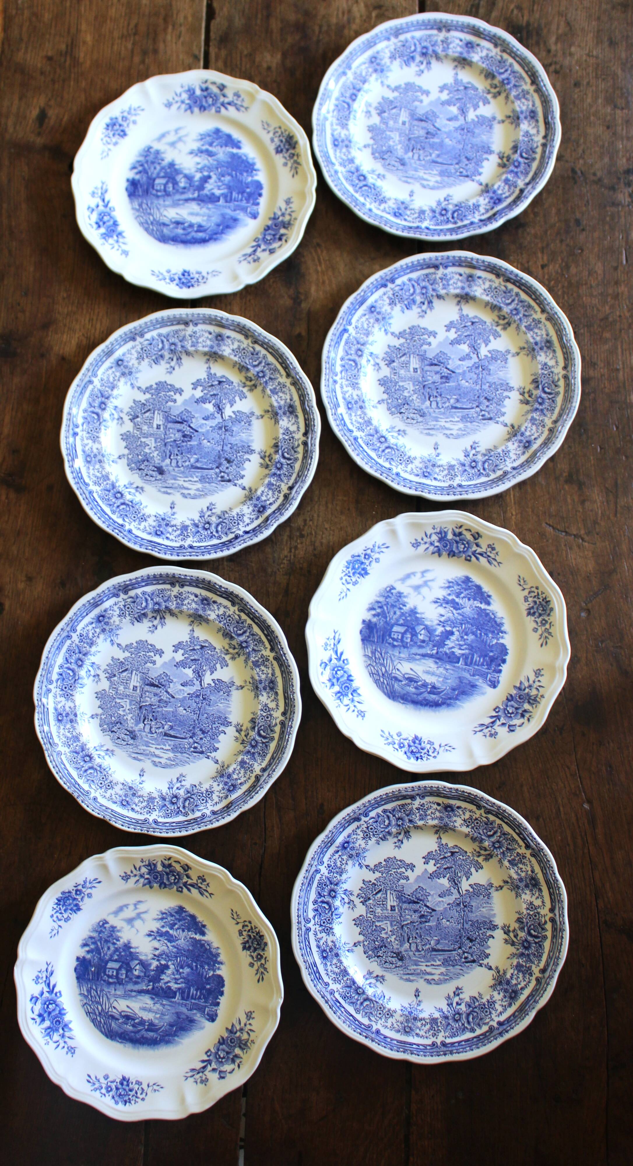 8 romantic blue Lunéville Sarreguemines dinner plates