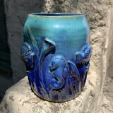 Blue ceramic vase marine barbotine décor