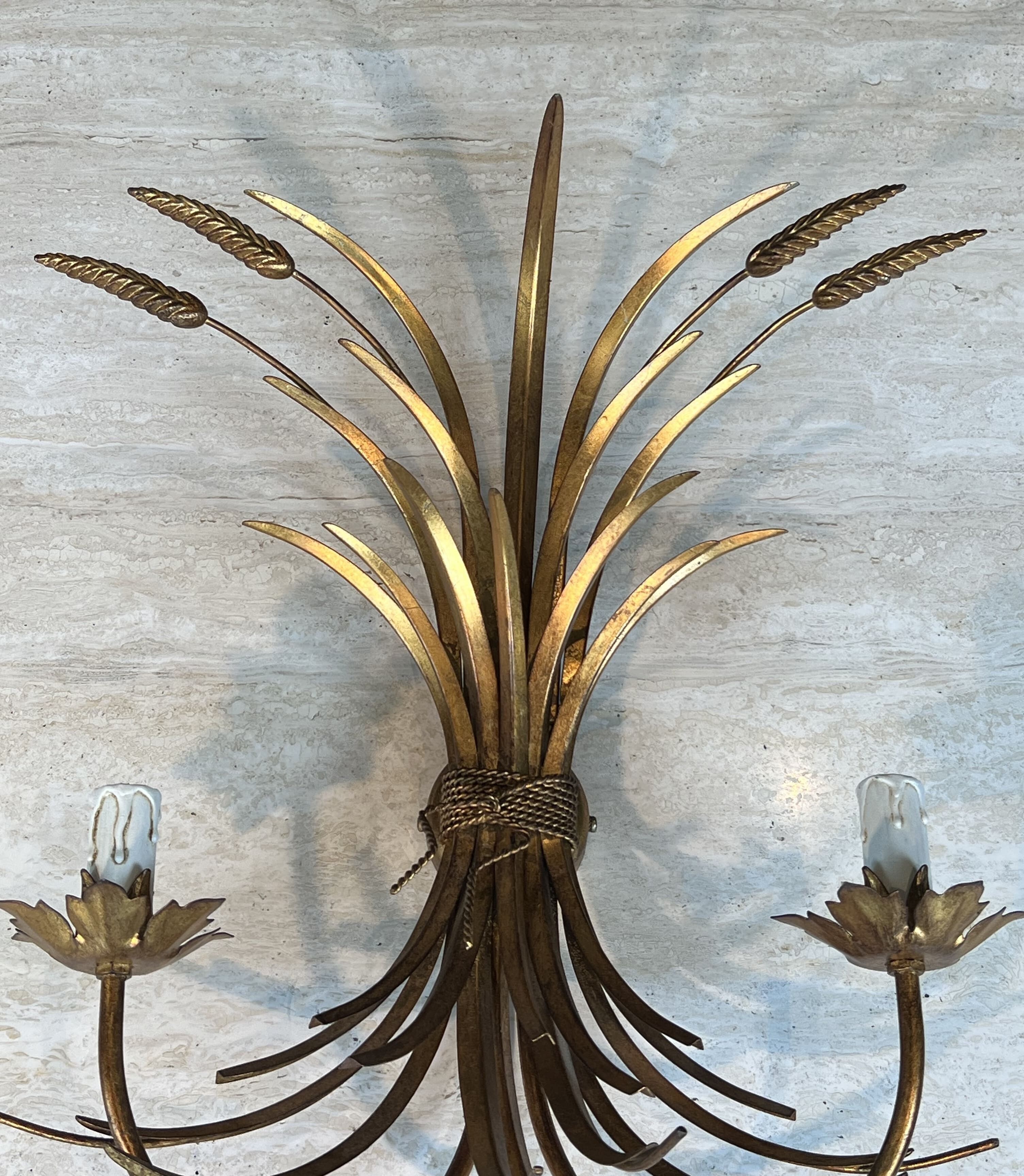Pair of Golden Metal Wall Lights with Wheat Sheaf Decoration, Circa 1970