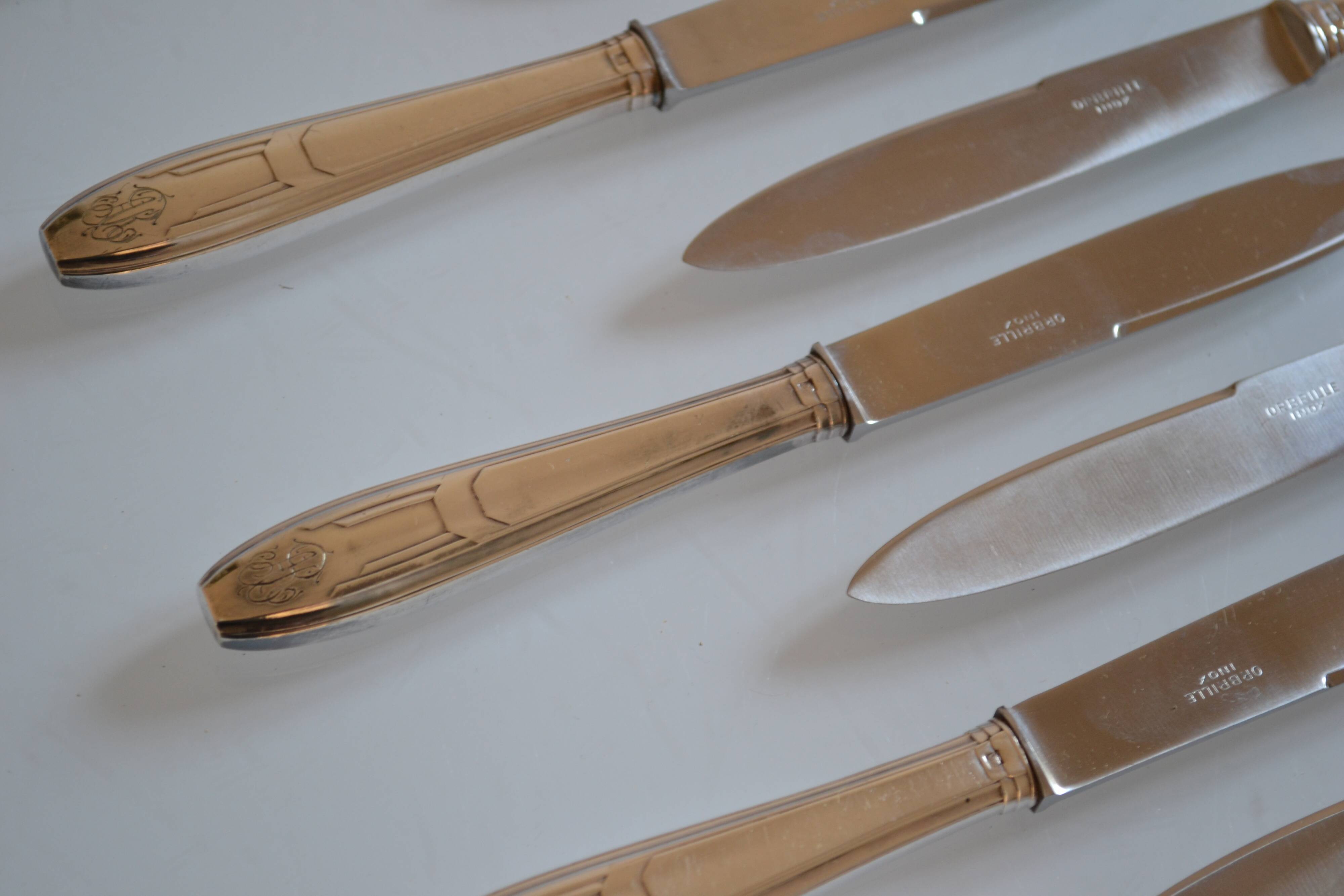 12 art deco silver metal dessert or cheese knives 20.5 cm AR monogram