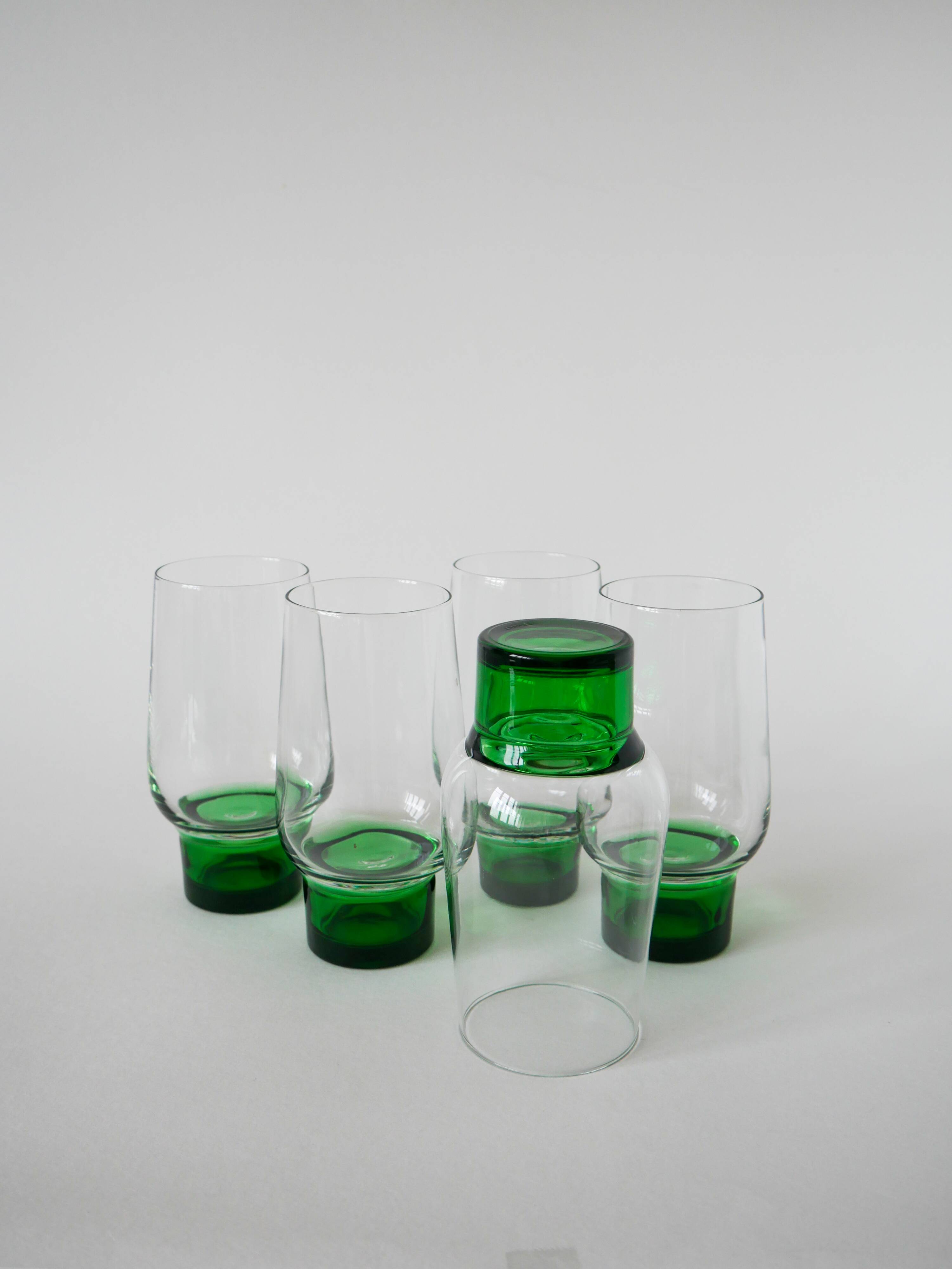 Set of 5 Long Drink Design glasses with green legs, 1970