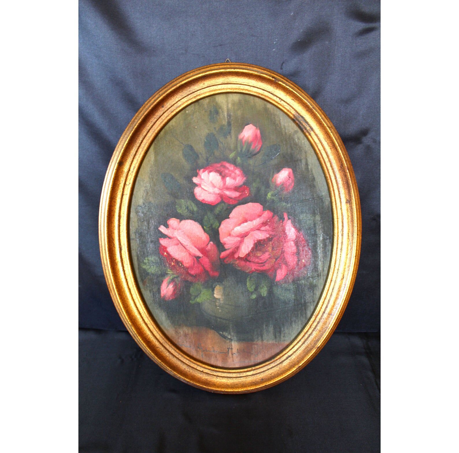 Antique vintage painting on wood, still life, oval frame, pink roses flower bouquet, signed, antique