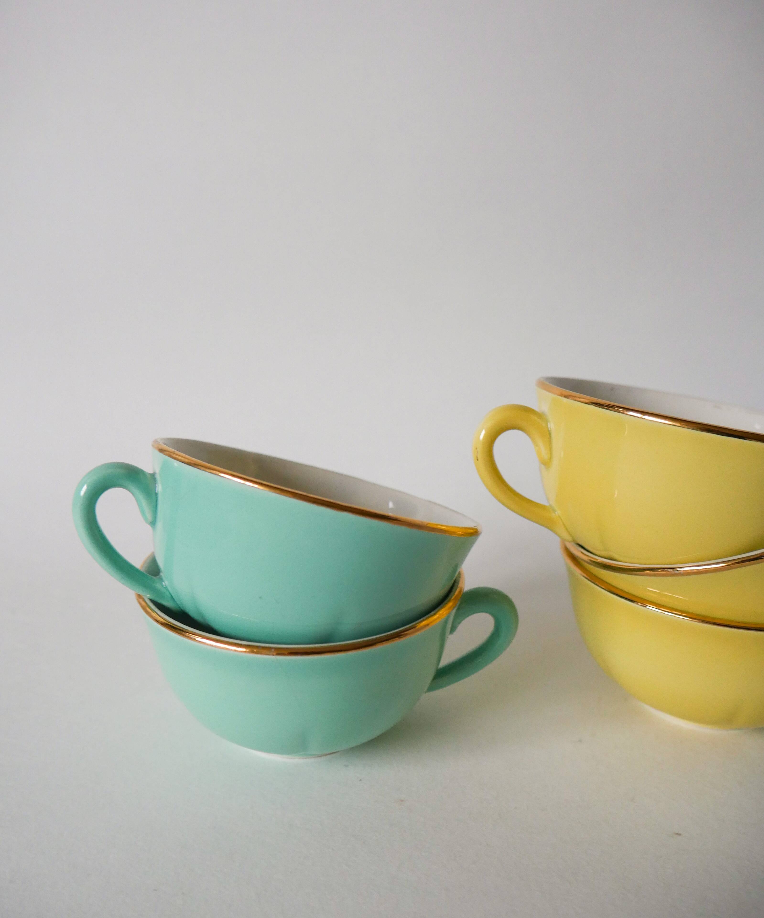 Set of 6 coffee cups fb badonviller pastel yellow green blue 1950