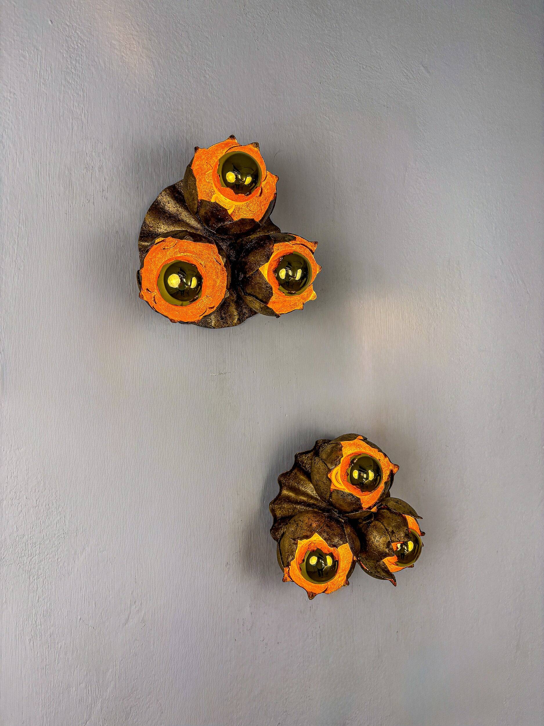 French floral bouquet three-light ceiling or wall light, gilt iron, 1940s