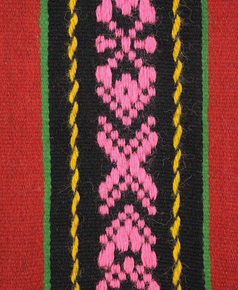 Red wool runner with stripes in bright colors , handwoven, Romania 220x80cm