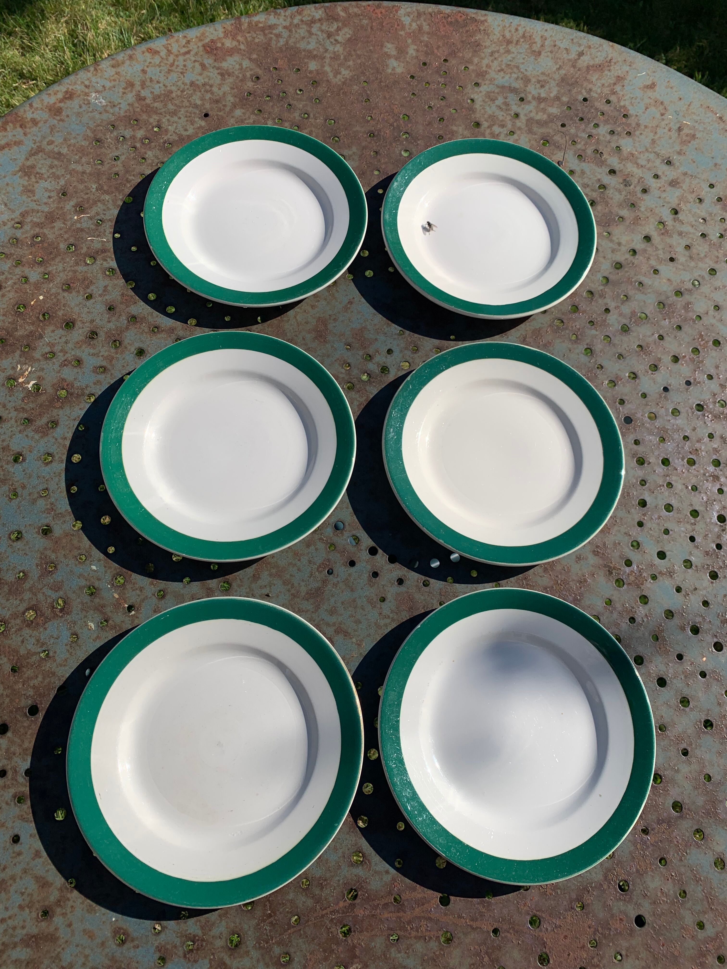 6 dessert plates in white earthenware and green edging Digoin Sarreguemines vintage