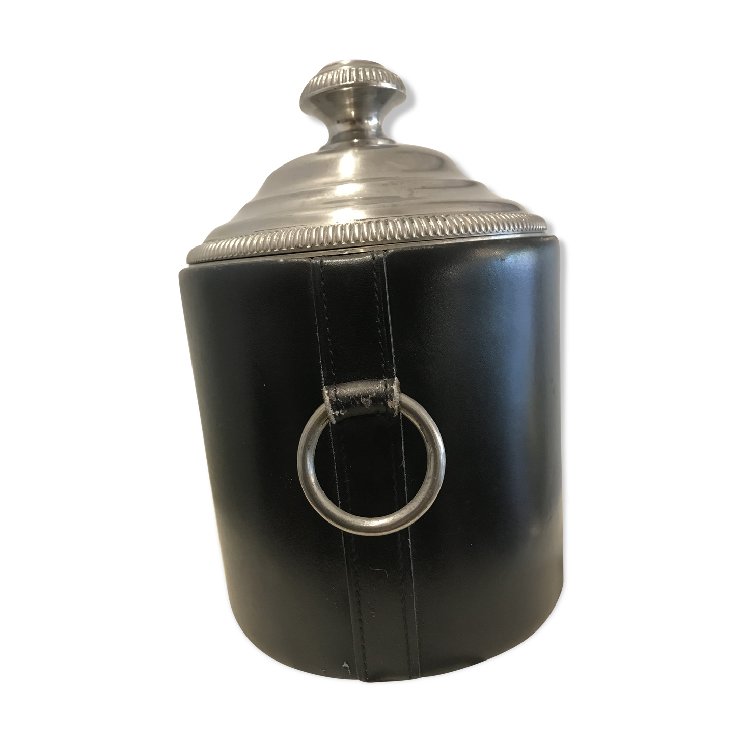 Round black leather ice bucket