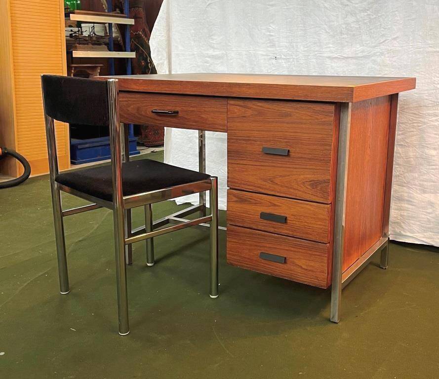Teak veneer desk with chromed metal frame, from the 70s.