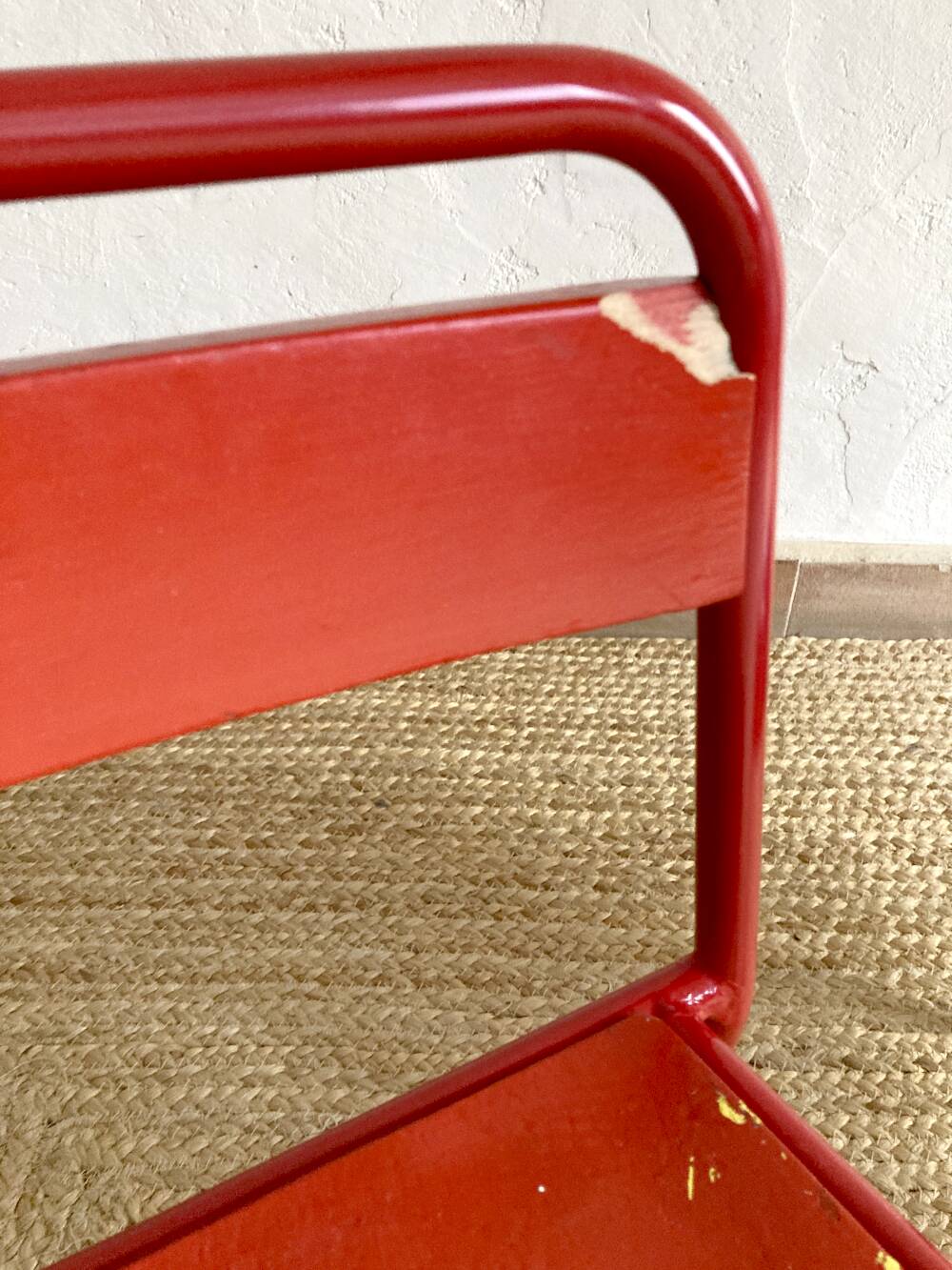 Pair of Mullca nursery chairs in metal and wood painted red and blue