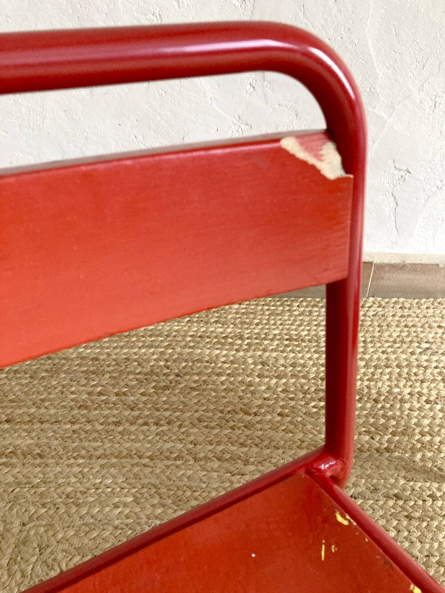 Pair of Mullca nursery chairs in metal and wood painted red and blue
