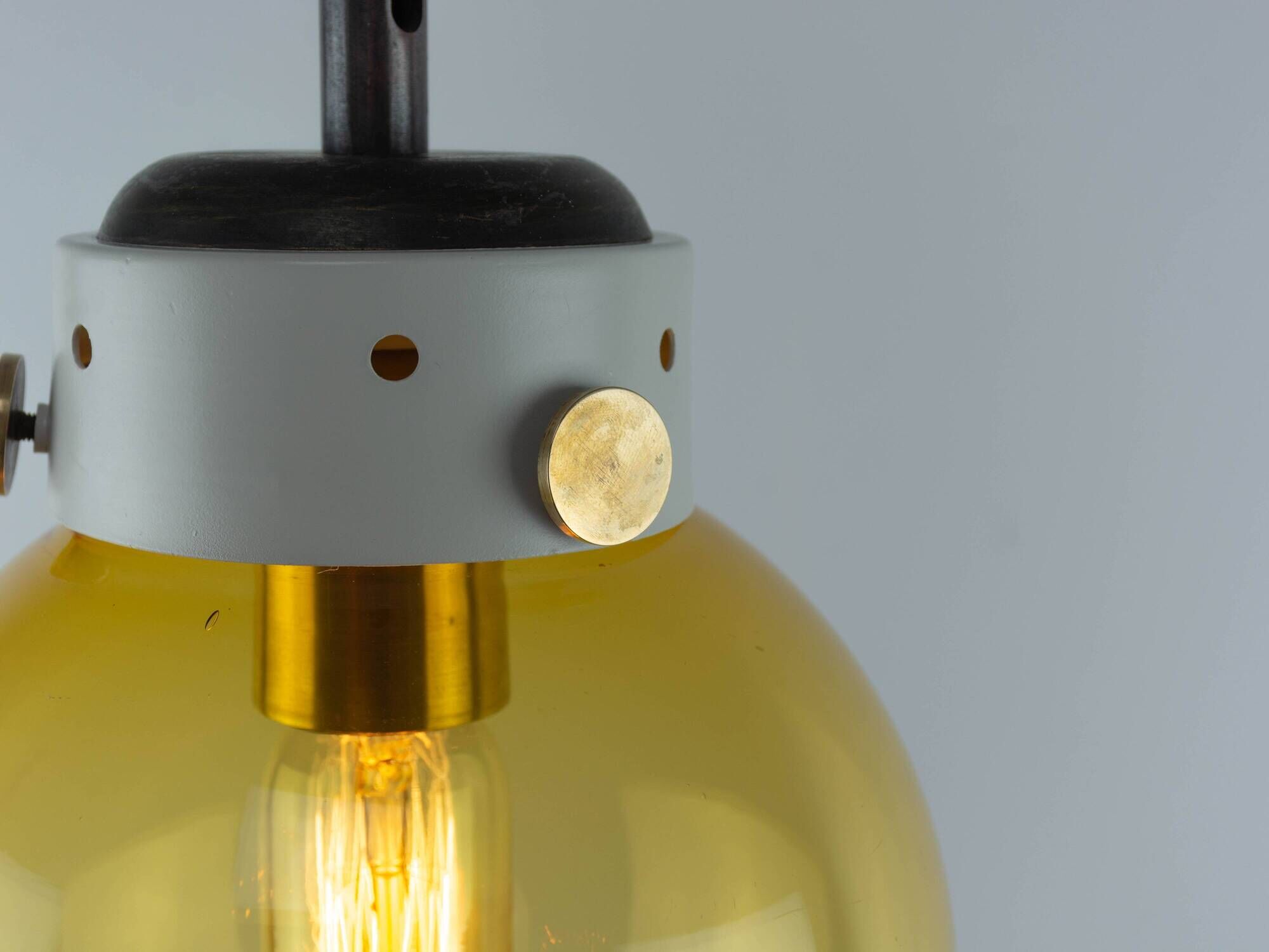 Industrial Vintage Mid-Century Modern Amber Glass And Brass Metal Lamp