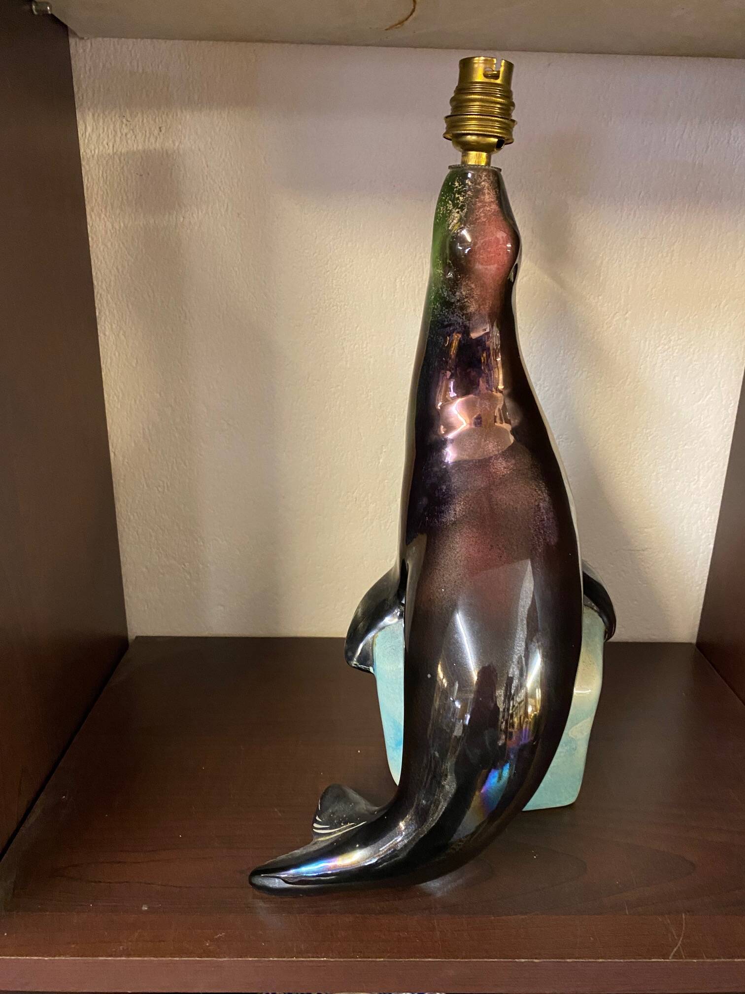 1950s Ceramic Sea Lion Lamp with Black Varnished Enamel, Signed