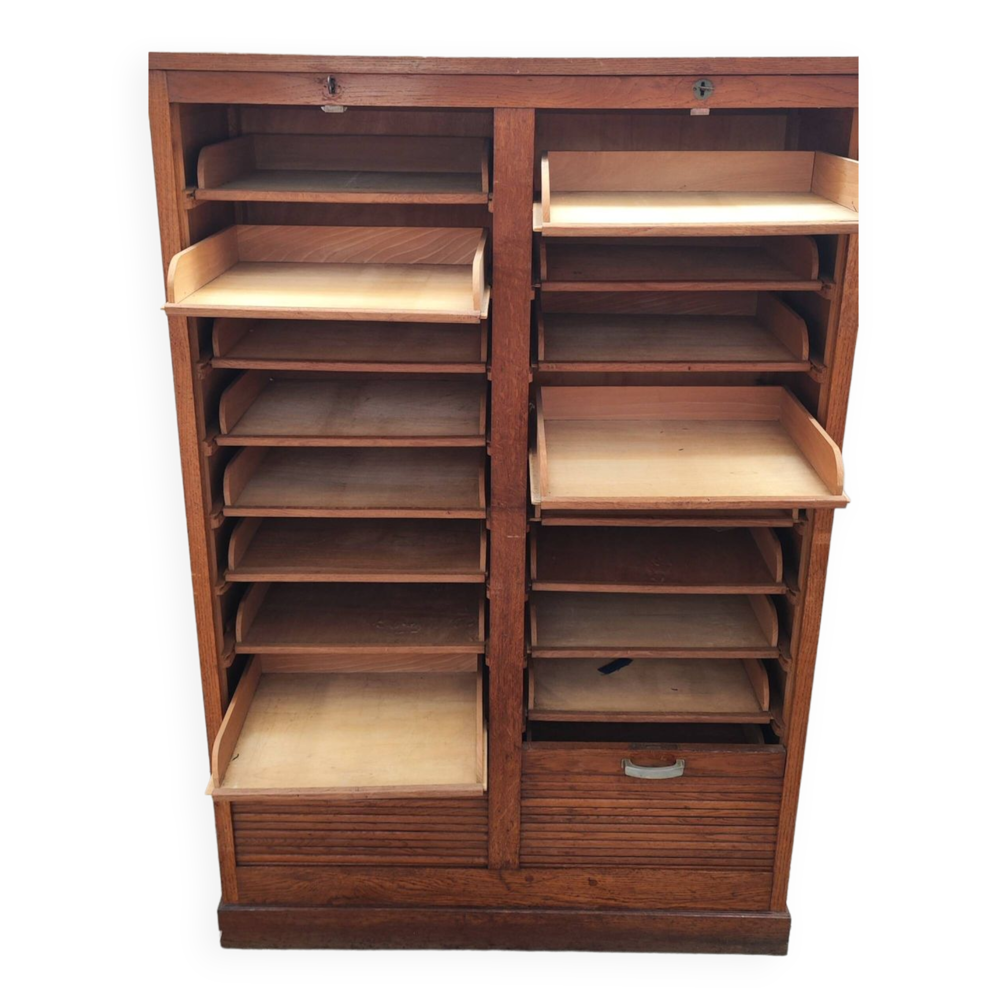 old double filing cabinet with curtains in oak professional furniture