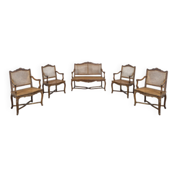 Regency style living room in walnut with canework