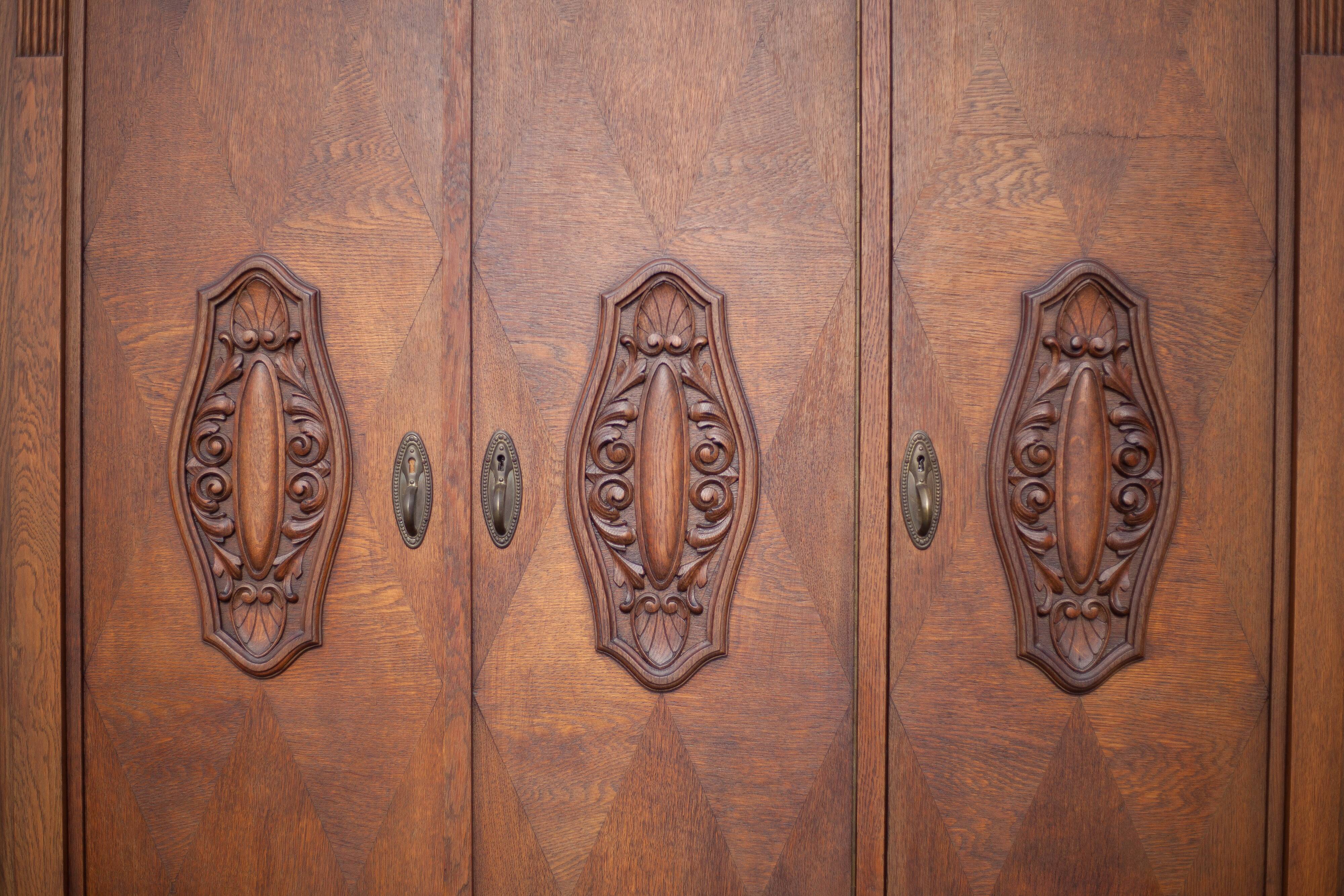 Bookcase carved wood 3 old doors, bookcase window beveled