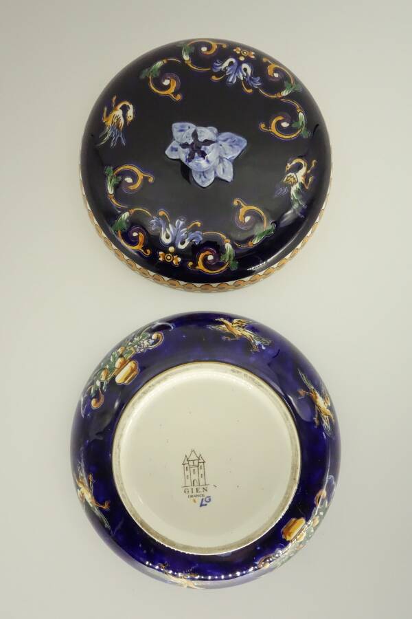 Gien faience candy box, Renaissance decor, blue background