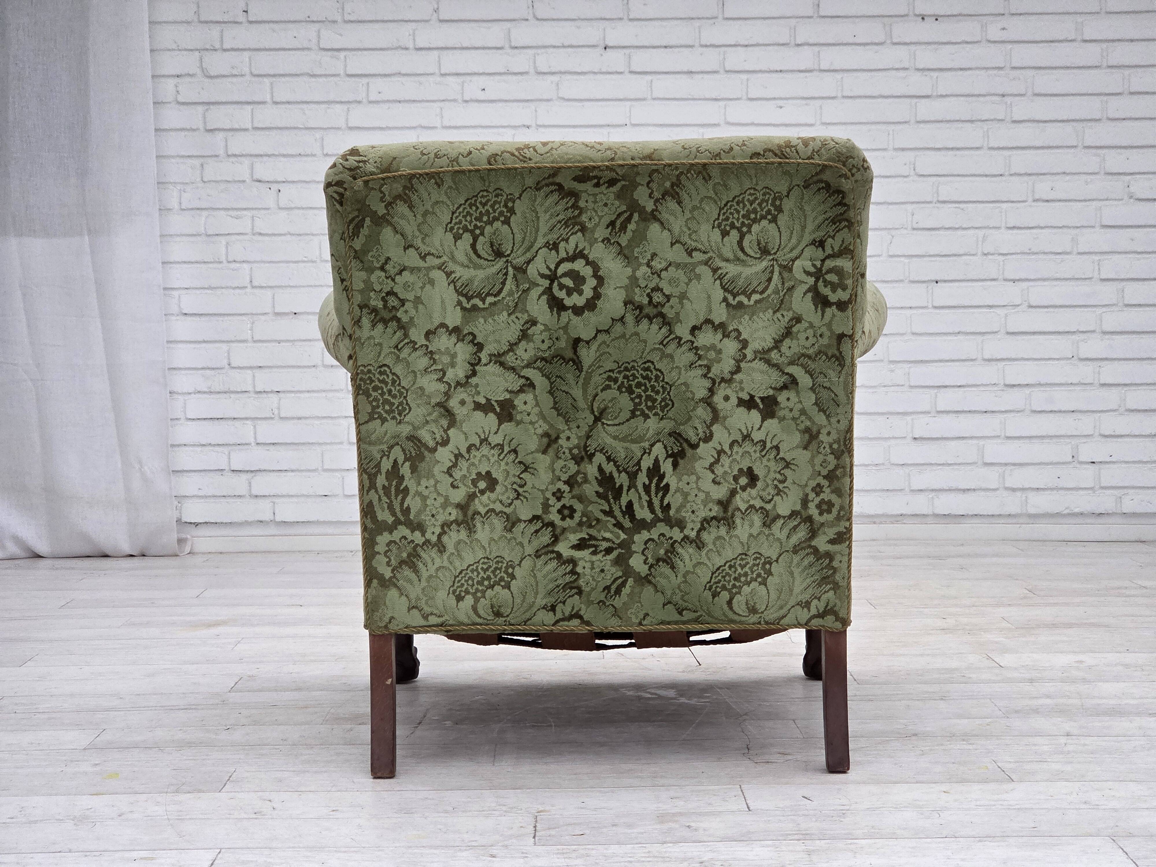 1950s, Danish armchair, green furniture velour, carved oak wood.