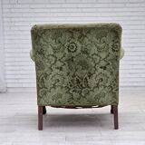 1950s, Danish armchair, green furniture velour, carved oak wood.