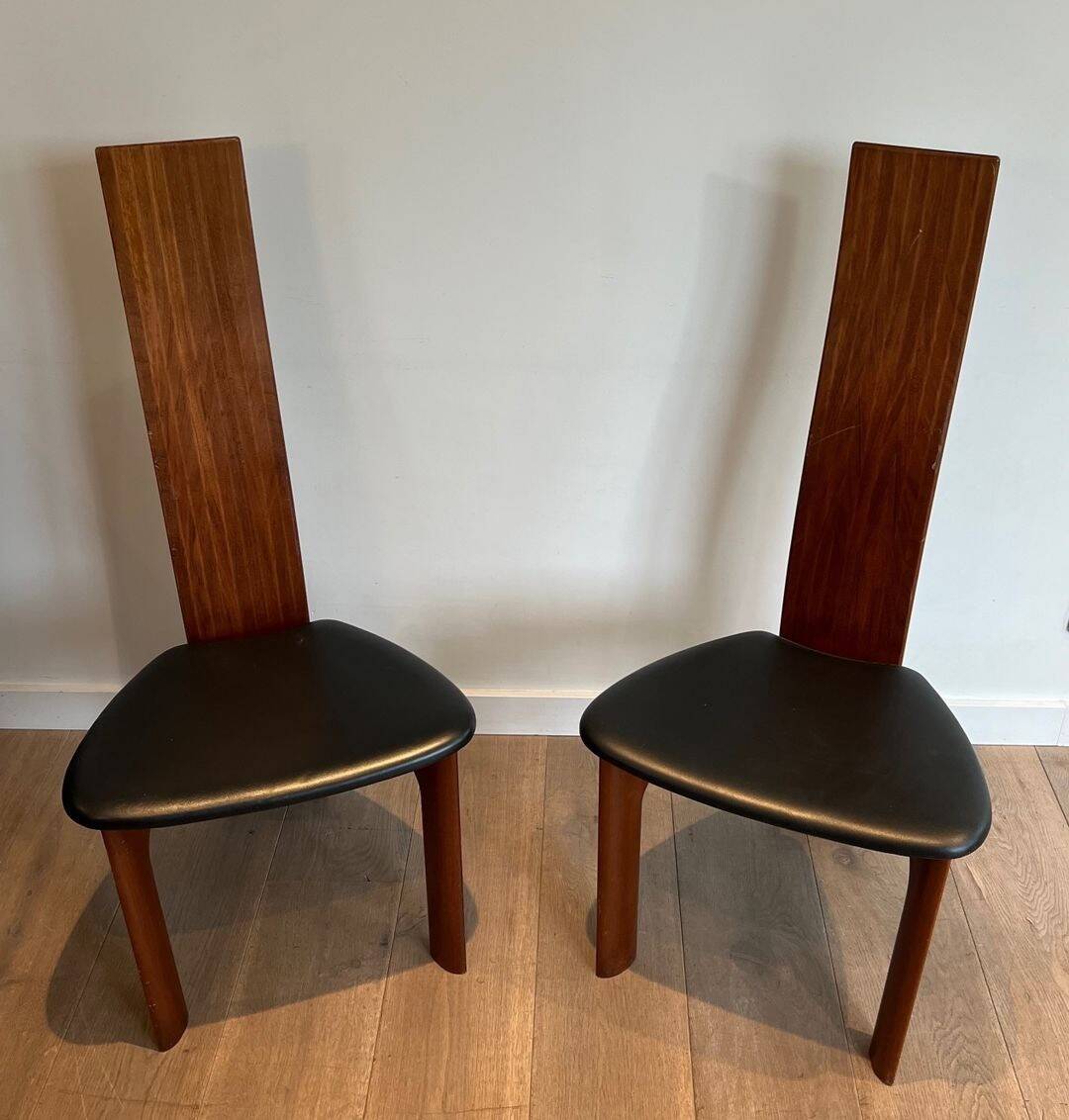 Pair of High Back Chairs, Exotic Wood & Black Leather, Scandinavian, varnished