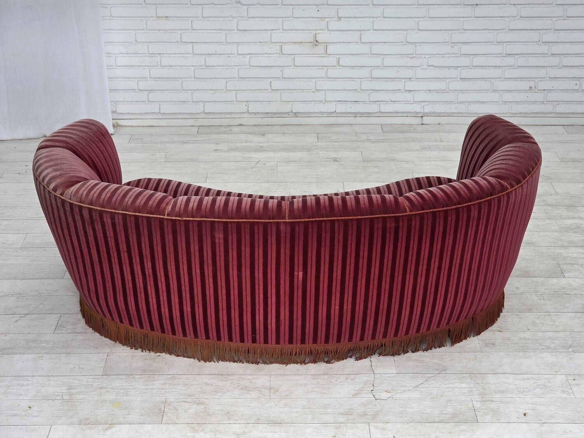 1960s, Danish 2-seater "Banan" sofa, furniture velour, oak wood.