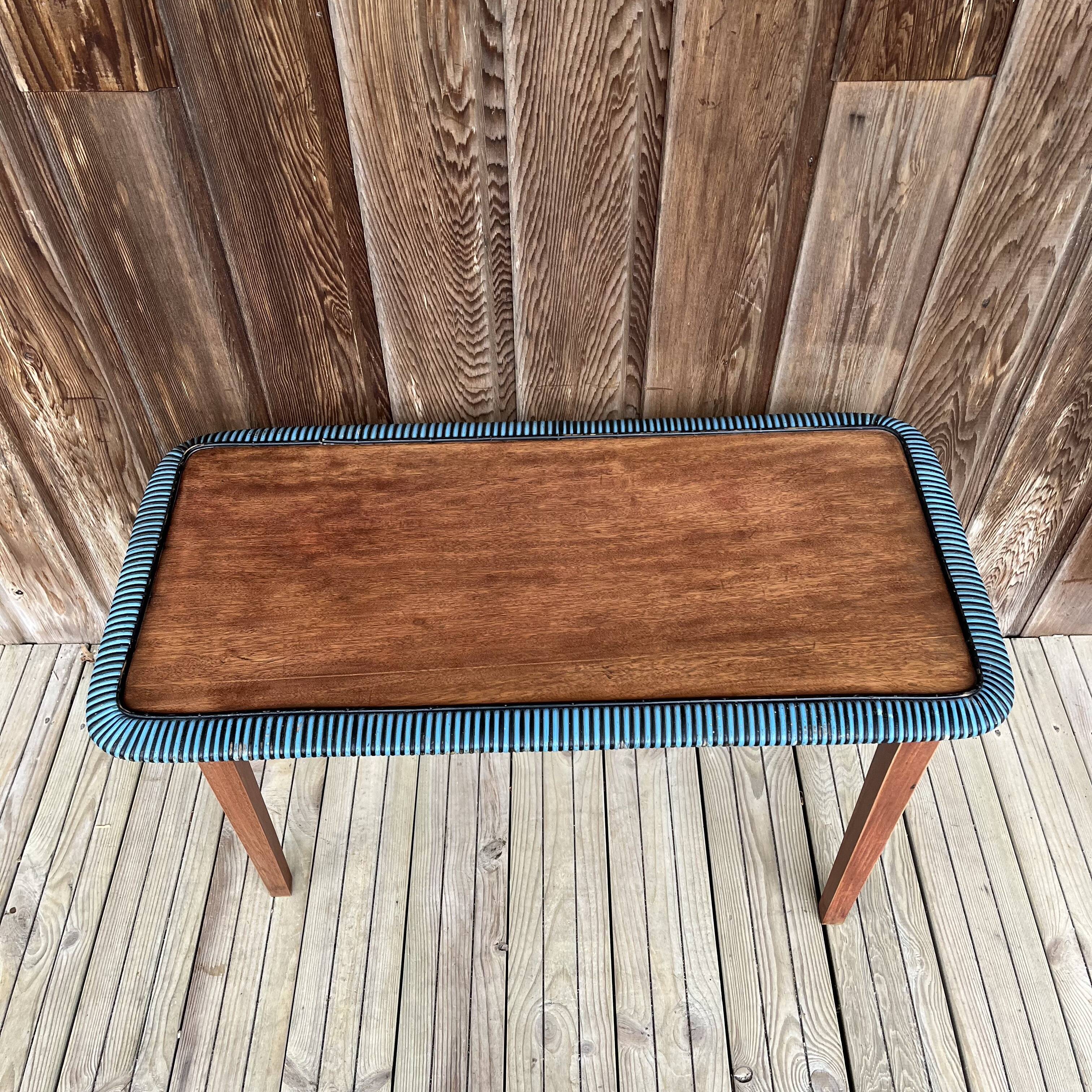 Folding wooden and rattan side table, 1960s