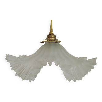 Vintage French Art Deco White Opaque Glass Pendant Light Clear Frilled Edge