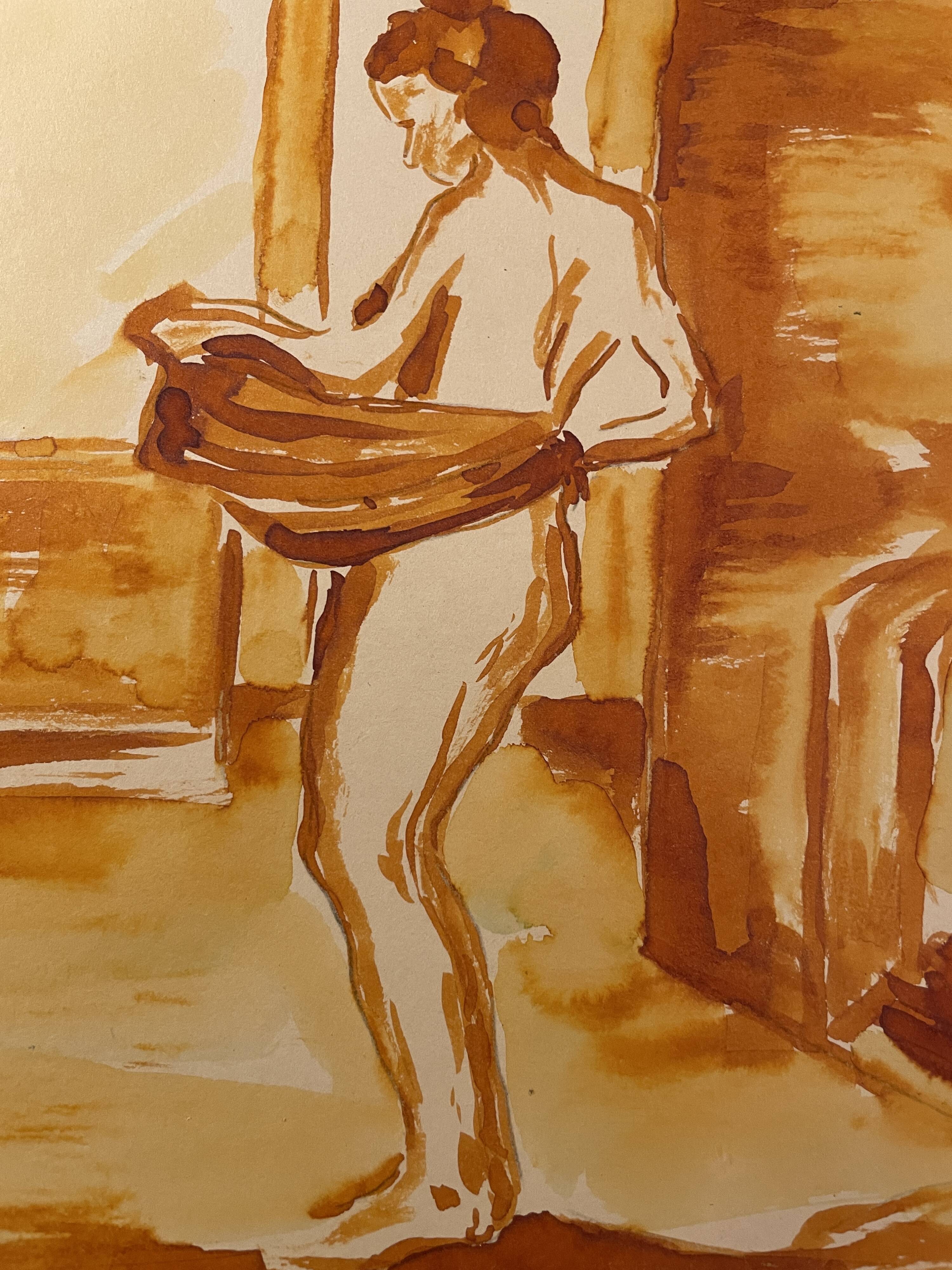 Red chalk watercolor portrait of a woman "study of coming out of the bath"