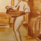 Red chalk watercolor portrait of a woman "study of coming out of the bath"