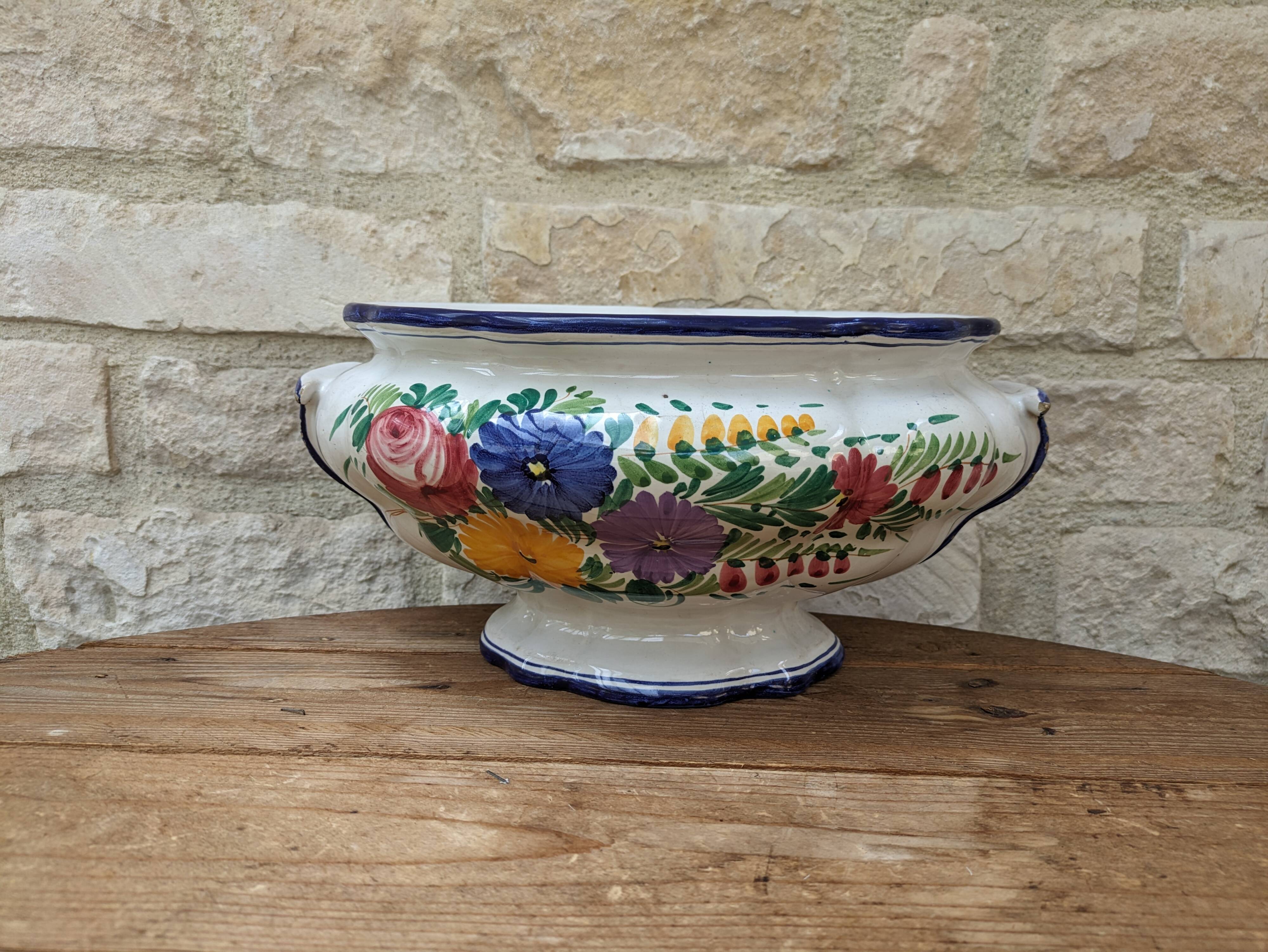 Old serving dish, vegetable dish, soup tureen without lid, flower decoration