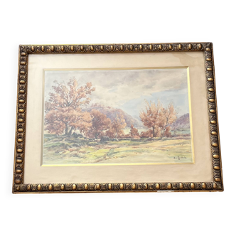 Watercolor by the painter Henri Joubert (1873 - ?), Autumn Landscape