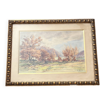 Watercolor by the painter Henri Joubert (1873 - ?), Autumn Landscape