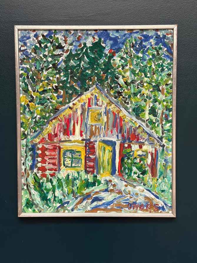 Original Swedish Oil On Canvas – “Red Hut” By Uno F. Svensson – Vintage & Framed – 68 × 57 Cm (26.8" × 22.4")
