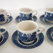 6 Vintage Blue Willow CHURCHILL Cups and Saucers, England