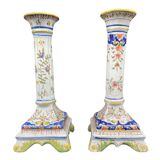 Candlesticks, square base, 19th century, Fourmaintraux, Desvres, flower decoration, scrolls, lambrequins, trellis
