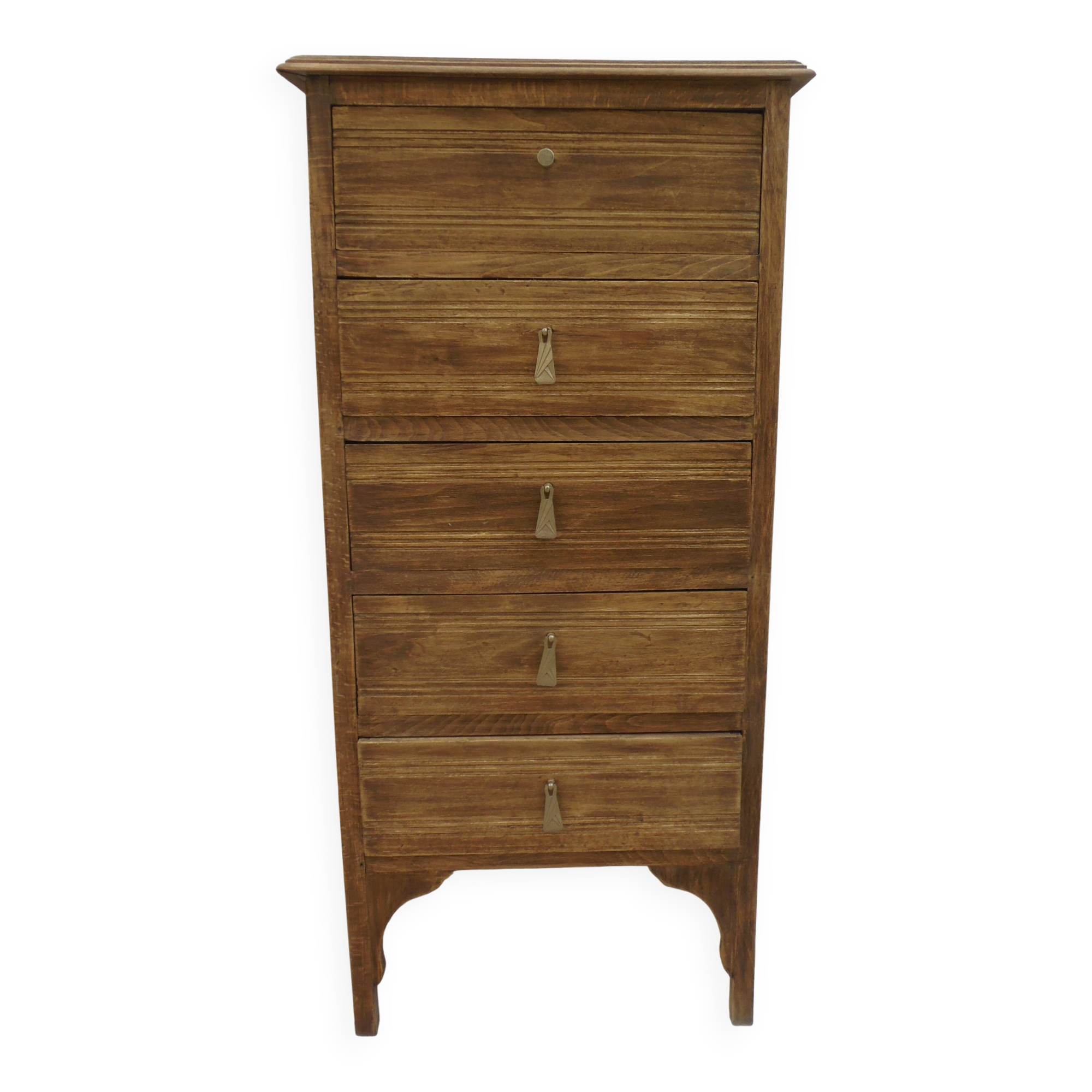 Art Deco chest of drawers in raw wood with 5 drawers.