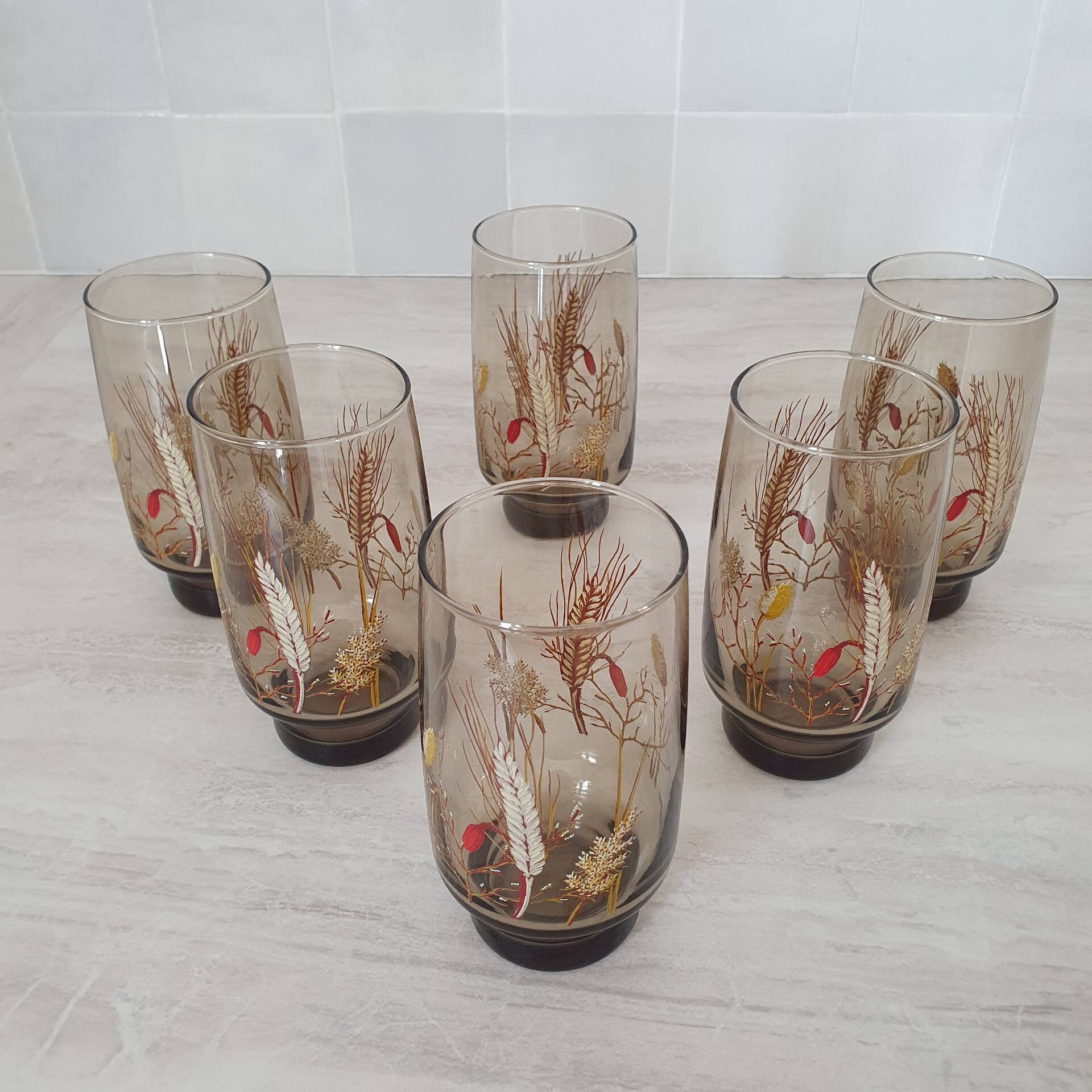 6 large smoked brown glasses