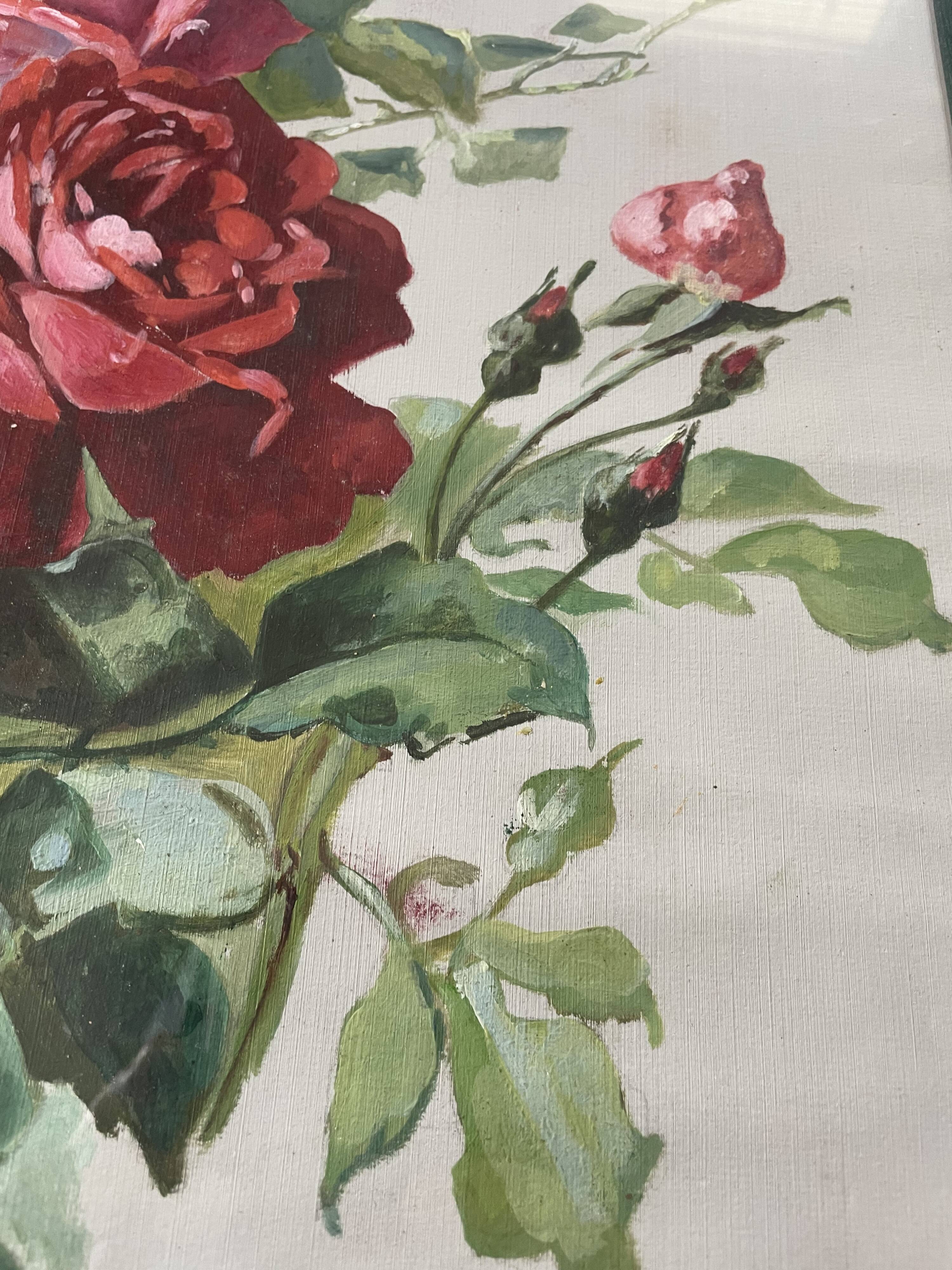 Old painting on paper depicting roses, framed.