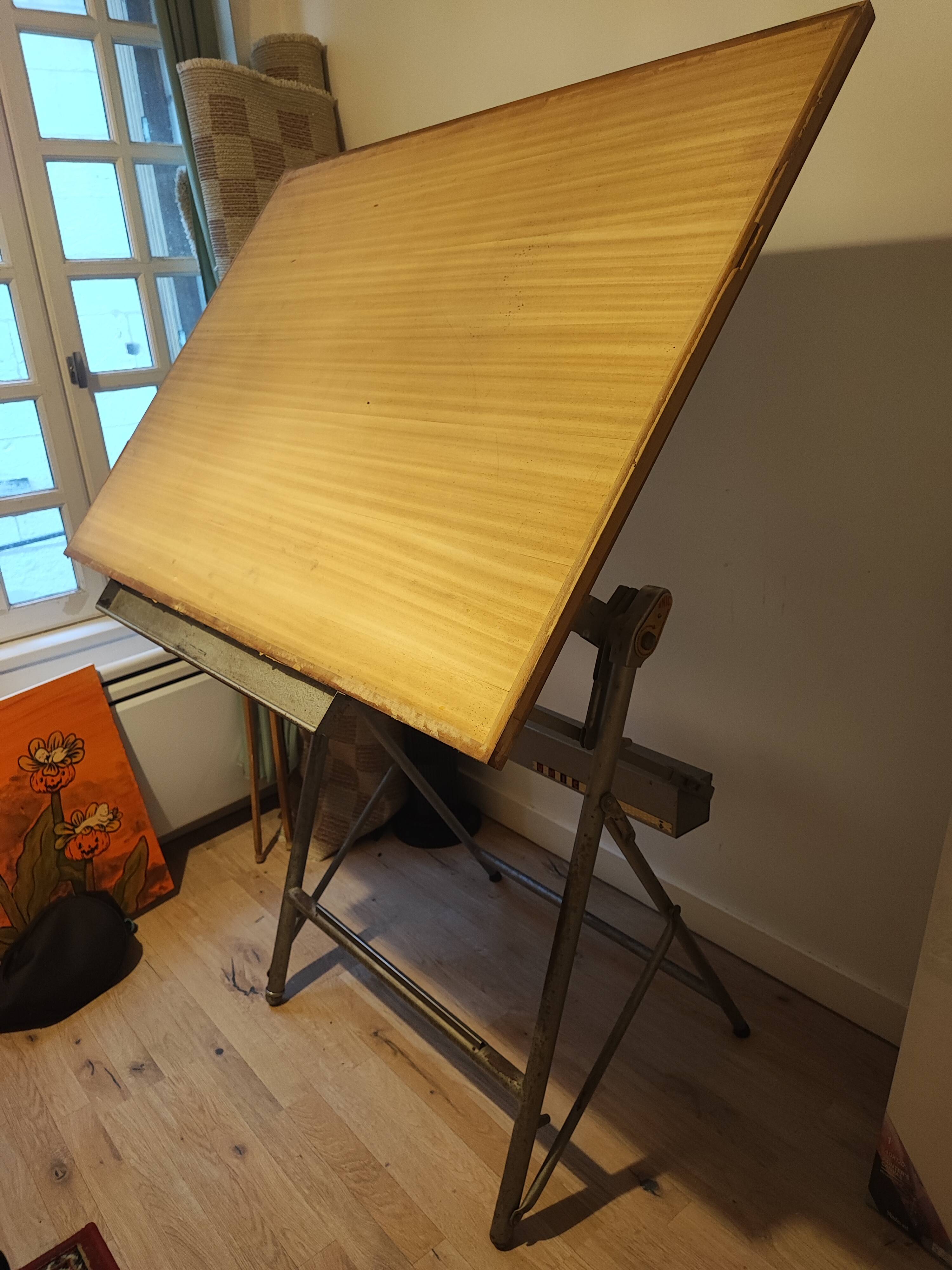 Vintage industrial drawing table UNIC – L. Sautereau – adjustable mechanism