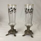 Paire de vases soliflore en verre emaille pied griffe en régule napoleon III