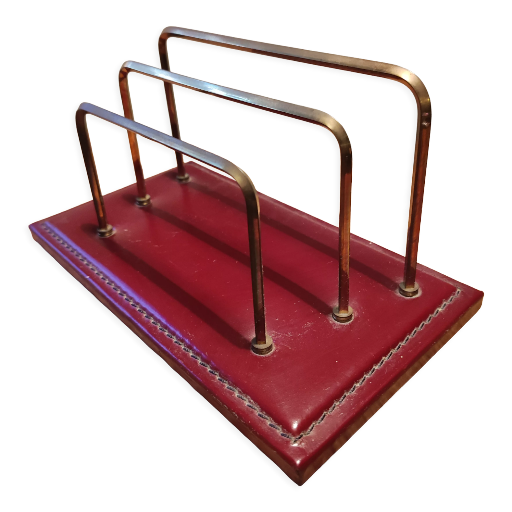 Letter holder sorter mail office leather quilted vintage brass