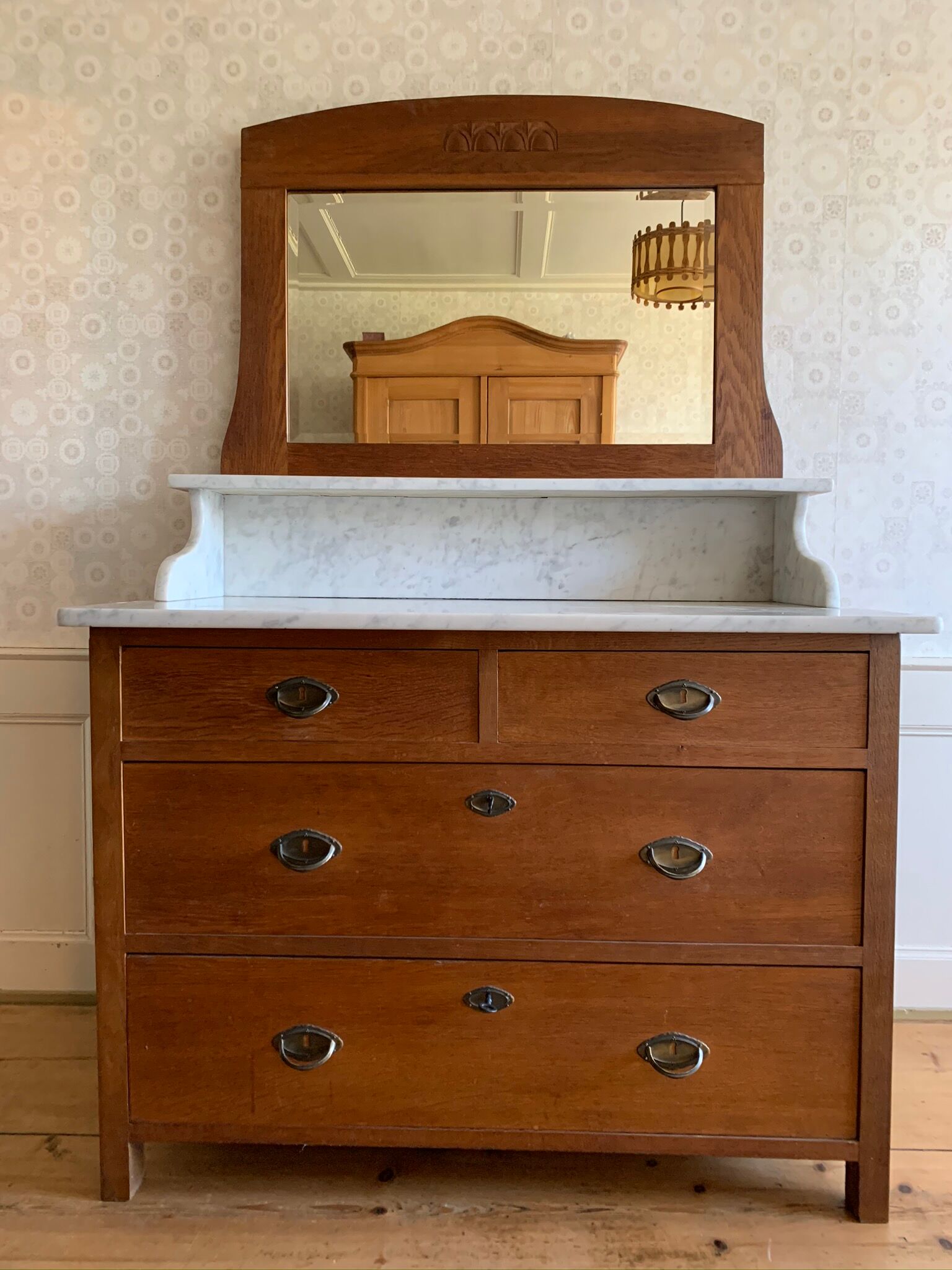 Wooden Chest of Drawers with marble top & mirror, antik country house 19th Century
