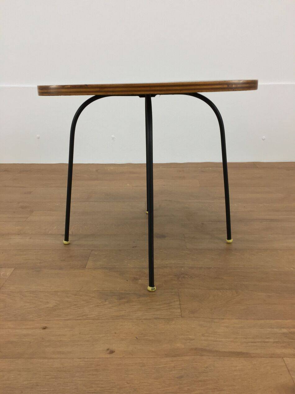 Modernist side table, 1950s, wood and metal, with handles.